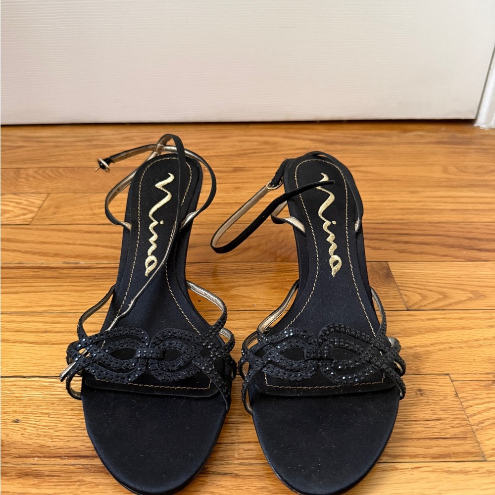 Nina Black Beaded Strappy Heels